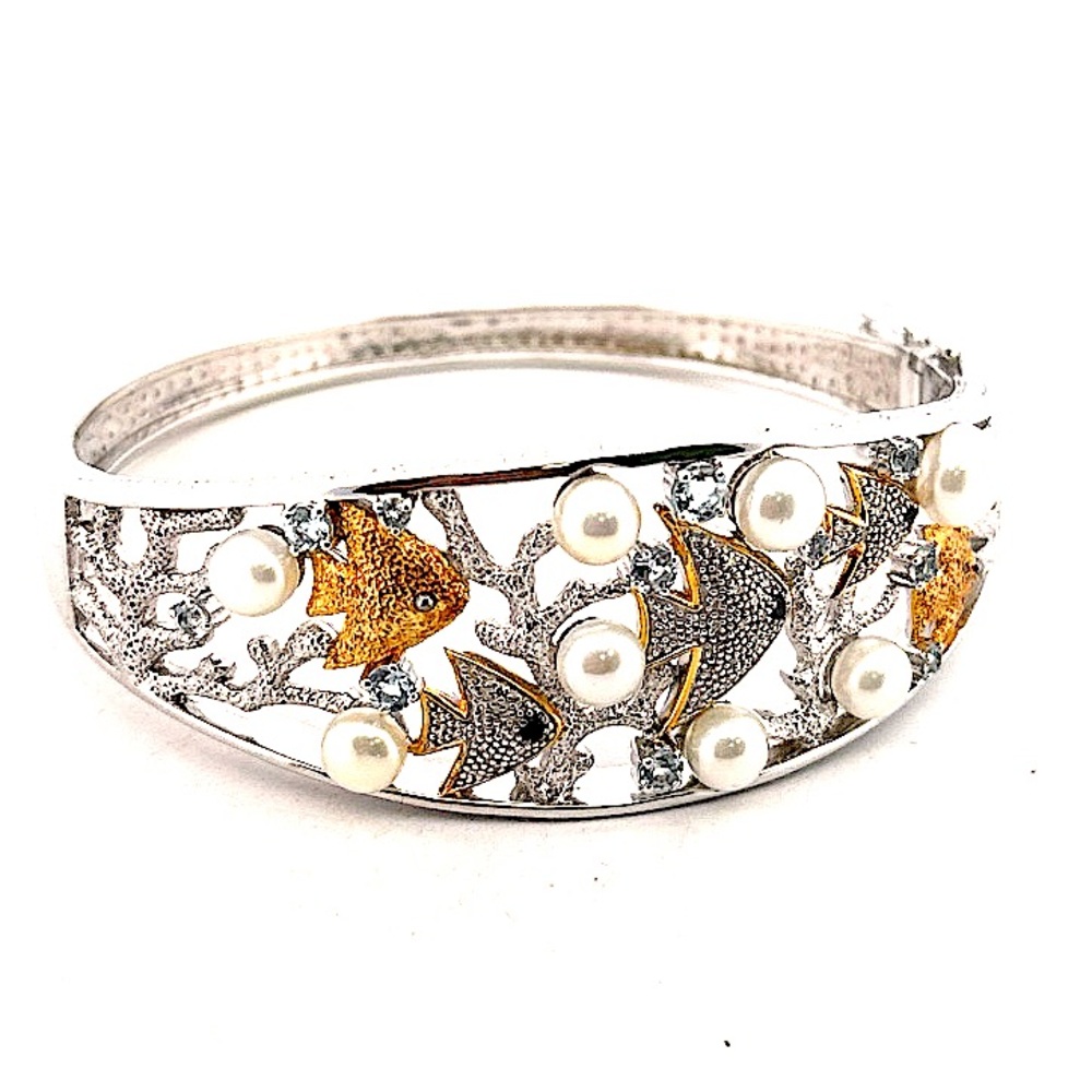 925 Sterling Silver Sea Life Pearl and aquamarines Hinged Bangle 30.7g - Picture 3 of 10